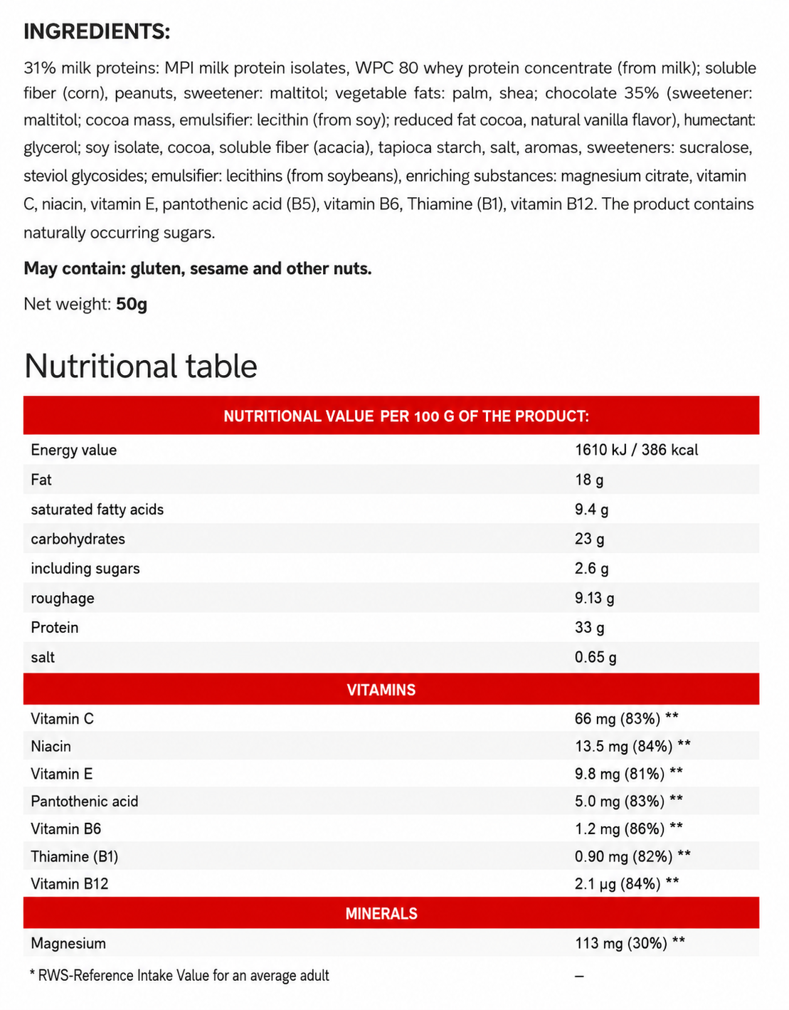 Barrita de proteínas 33% 50g