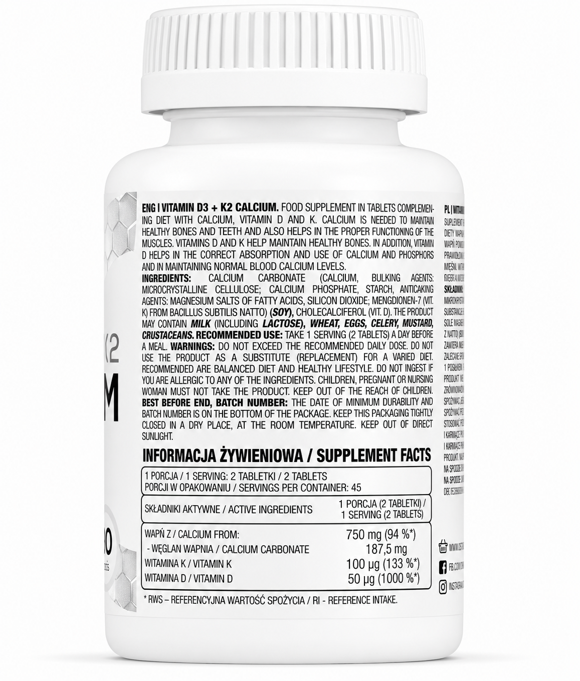 Vitamina D3 + K2 Calcio 90 comprimidos
