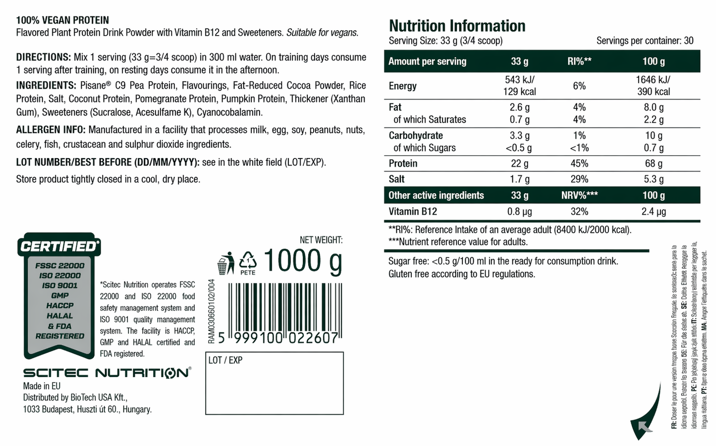 PROTEÍNA VEGANA 100% 1000 G SABOR CHOCOLATE