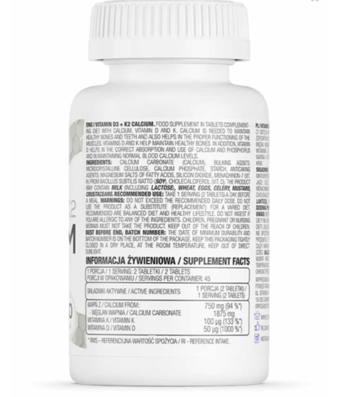 Vitamina D3 + K2 Calcio 90 comprimidos
