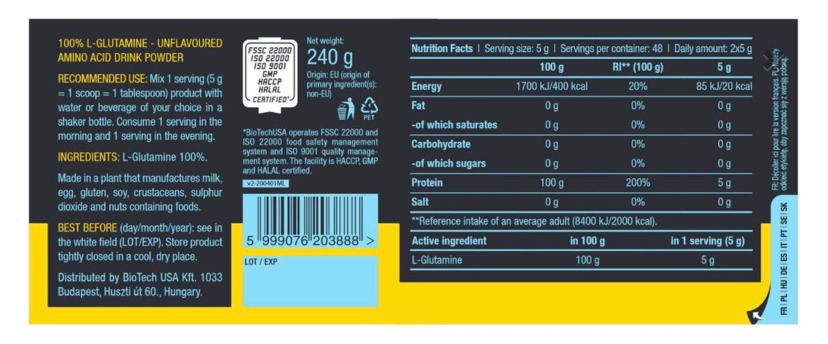 100% L-Glutamina 240 g